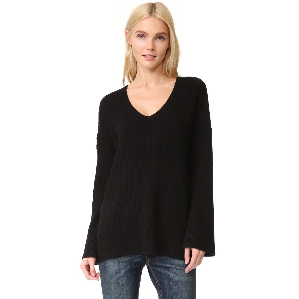 Rag & Bone Black 100% Cashmere Phyllis Ribbed V-Neck Bell Sleeve Knit Sweater XS